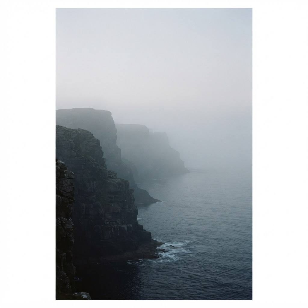 Misty coastal cliffs at dawn shrouded in soft fog