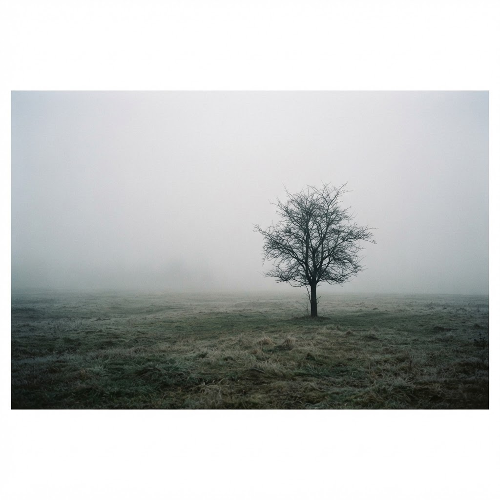 A single tree standing in a foggy field with muted tones