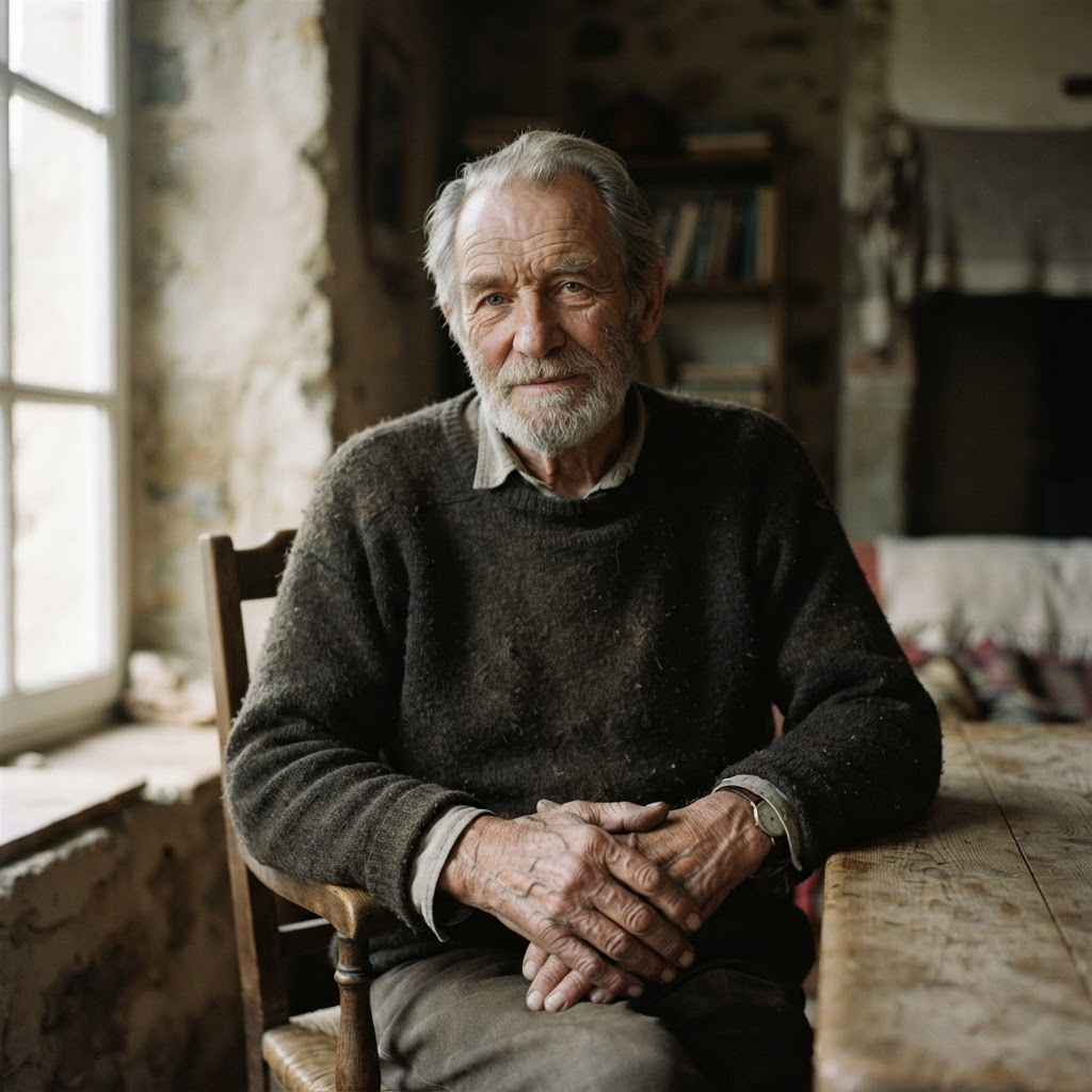 Fine-art portrait of an older man with weathered hands