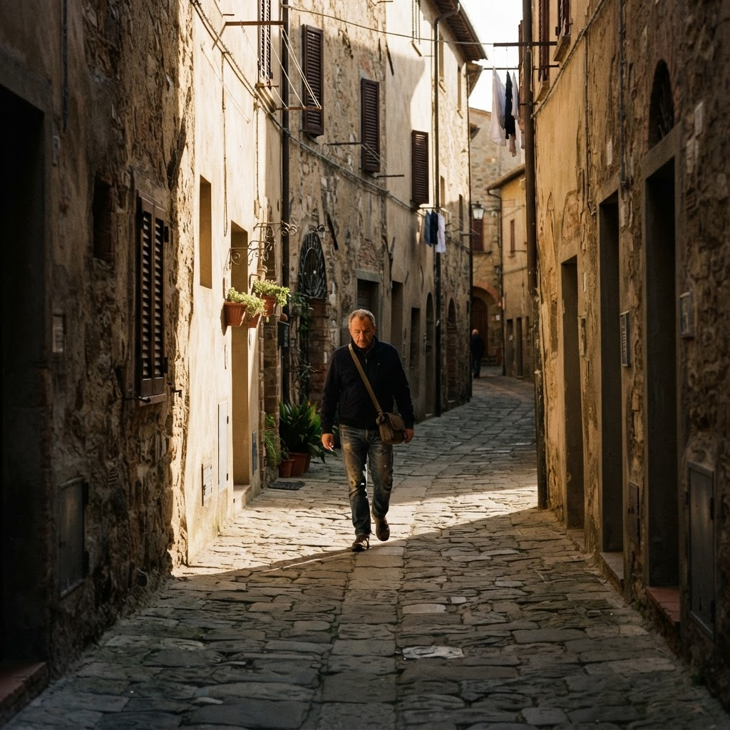A lone figure walking through light and shadow in an old city alley